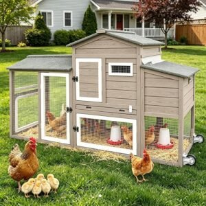PetsCosset Chicken Coop for 2–3 Chickens | Outdoor Run | Mobile Wheels | Backyard Hen House